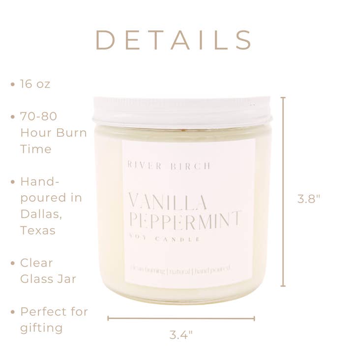 River Birch Candles – wholesale Jar/filled candle – 16oz Vanilla Peppermint - Clear Jar - Soy Candle