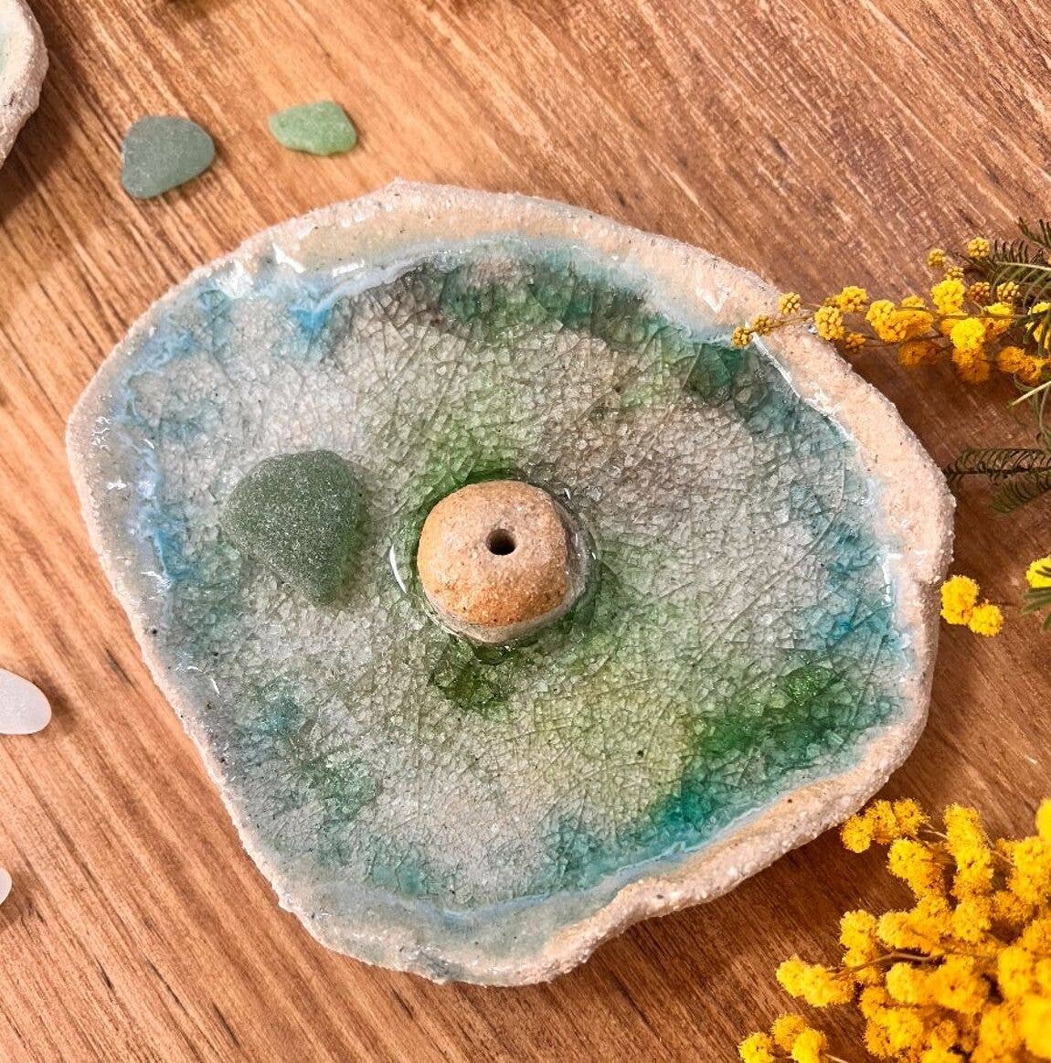 veronicaruizceramica – Engroshandel Røgelsesholder – Turkis røgelsesbrænder med genbrugt strandglas6