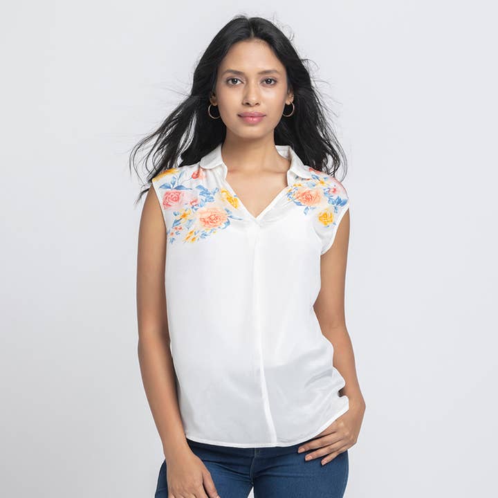White V-Neck Printed Casual Blouse for Women for wholesale by Benares