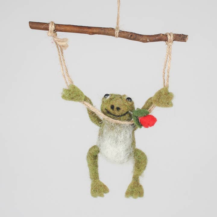 Hanging Felt Frog Ornament – Handmade Wool Frog on Swing for wholesale by Originals International Ltd