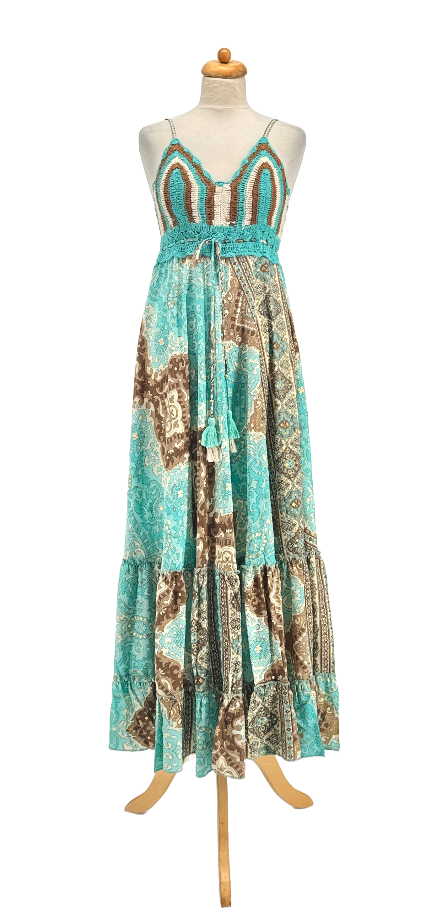  PINK TURQUOISE KLEIN BLUE  PRINTED DRESS 100% COLD SILK, GOLD DETAILS, CROCHET for wholesale on Faire4