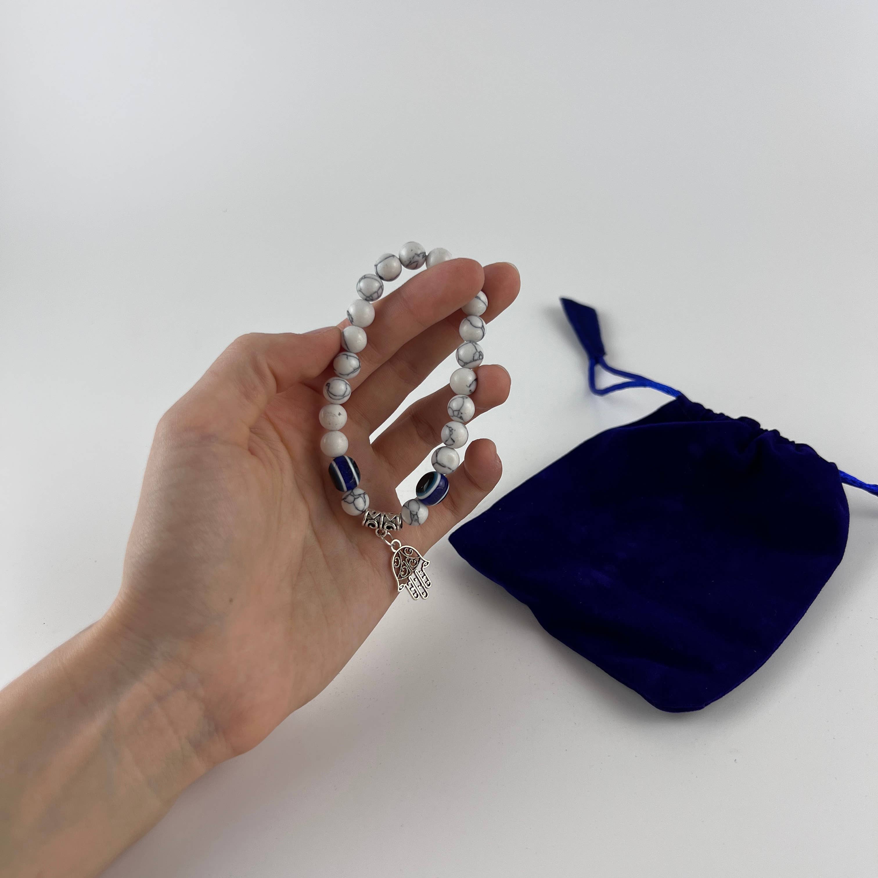 GREENROOTS USA LLC – wholesale Charm/dangle bracelet – Hamsa Hand Evil Eye W/ Howlite Bracelet W/ Velvet Bag8