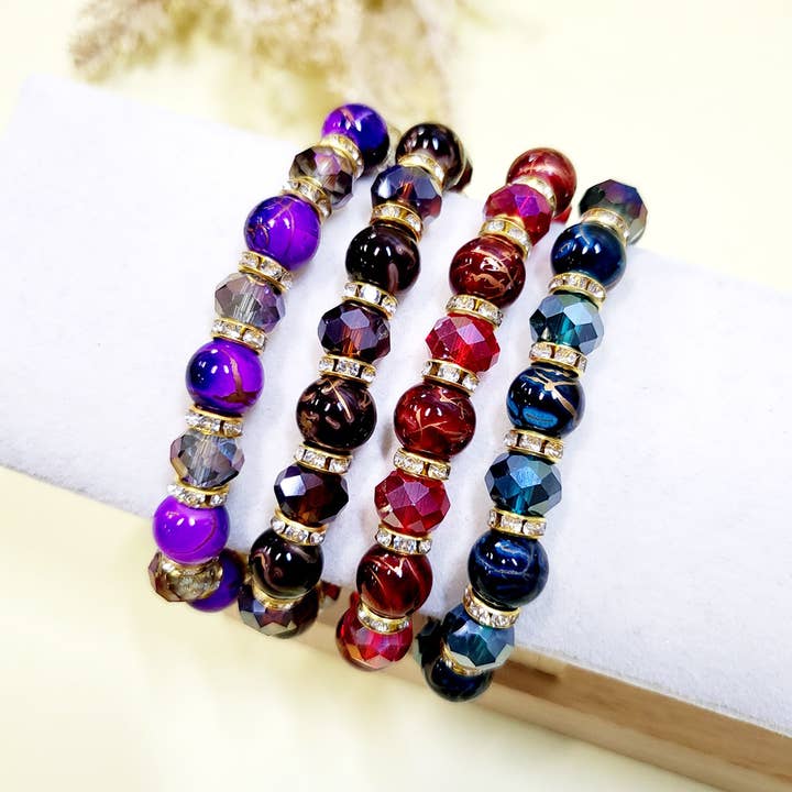 Assorted Color Cat Eye Glass Beaded Stretch Bracelet for wholesale on Faire