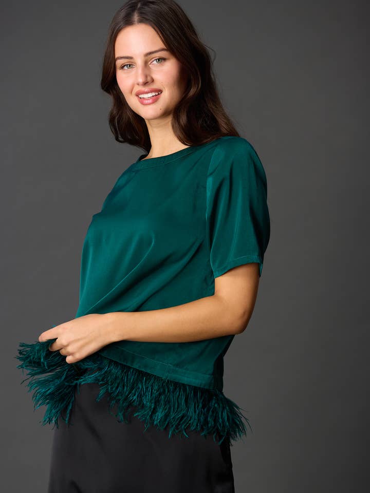 Before You Collection - Wholesale Blouse - Women's - Satin Feather Trim Short Sleeve Top0