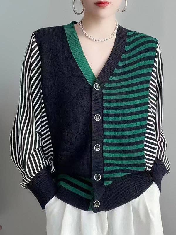 StyleGalX - Wholesale Cardigan - Women's - Long Sleeves Loose Buttoned Contrast Color Split-Joint Striped V-Neck Cardigan Tops Knitwear0