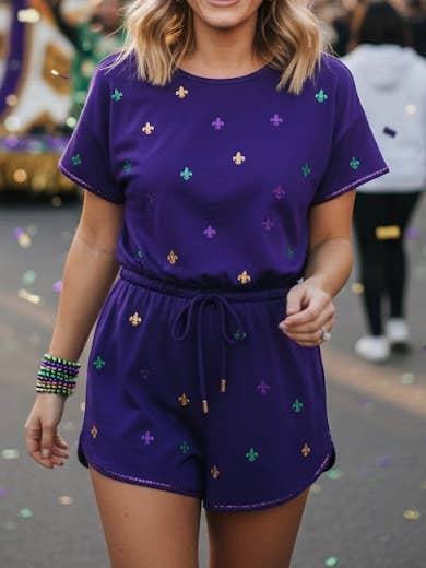 Mardi Gras Royal Purple Embroidered Fleur De Lis Romper for wholesale by Sash Clothing Bar