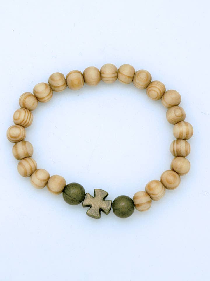 PPEBZ- Bracciale con Perline di Legno e Croce in Bronzo per la vendita all'ingrosso da parte di Contreras Designs