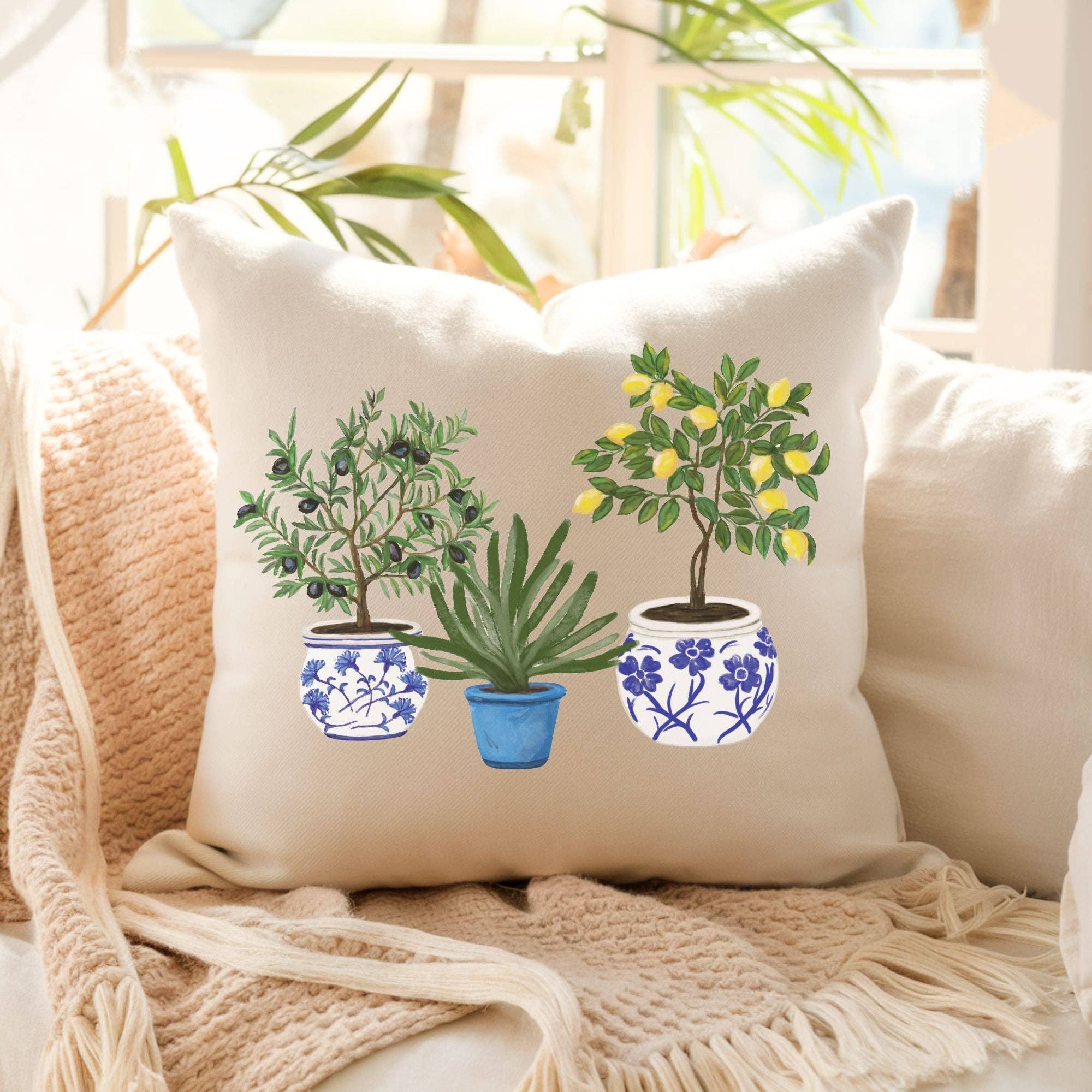 MerikaArt - Wholesale Throw/Decorative Pillow - Lemon Olive Aloe Pillow with Blue Pot Planters1