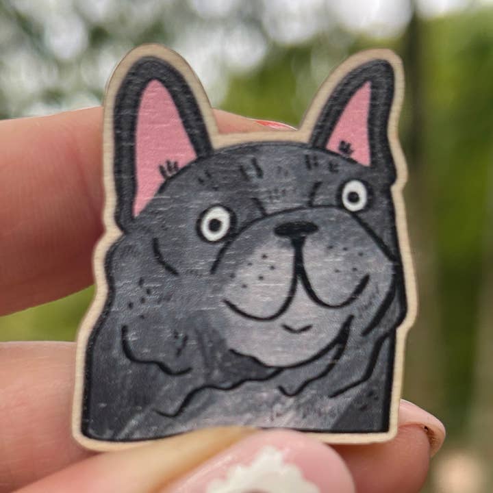 Grey French Bull Terrier / Frenchie / Dog Wooden Pin for wholesale by Fernandes Makes