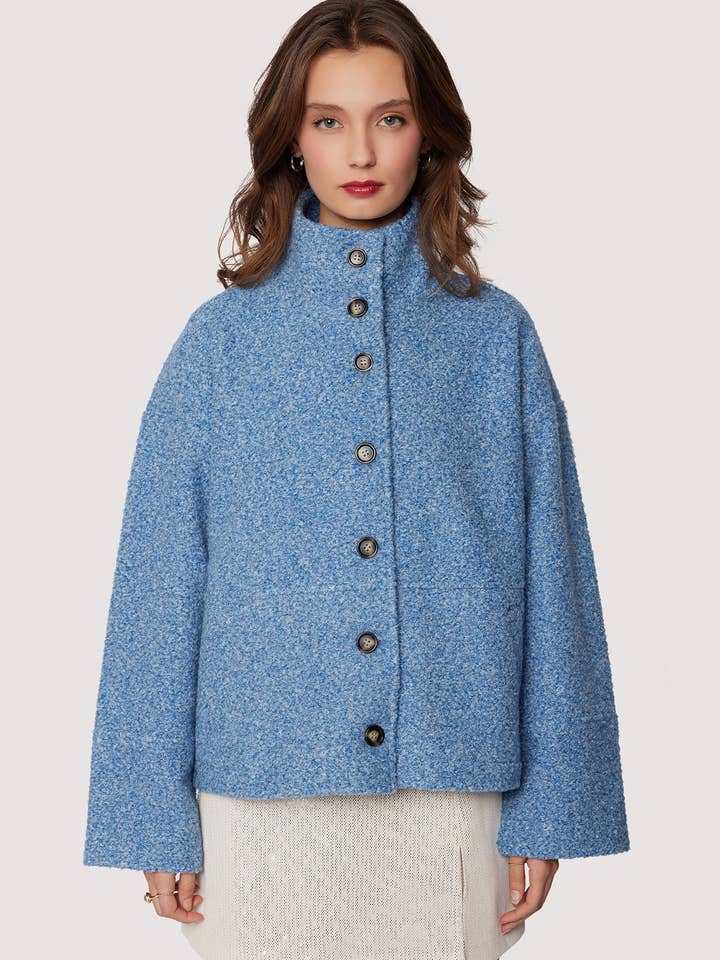 Chiara Jacket - Fall Blue Boucle Button Down Mock Neck Coat for wholesale by Lost + Wander