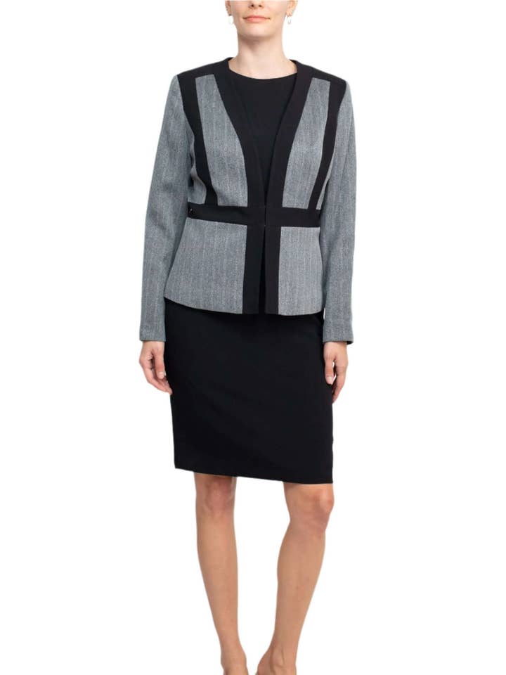 Le Suit Boat Neck Sleeveless Solid Zipper Back Short Crepe Dress with Melange Herringbone Framed Cardi Jacket (Two Piece) for wholesale by Immediate Apparel