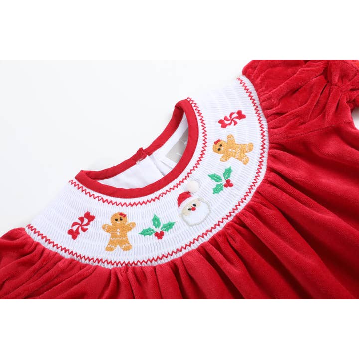 Lil Cactus - Wholesale Clothing Set - Baby - Red Velvet Christmas Smocked Dress and Bloomers Set