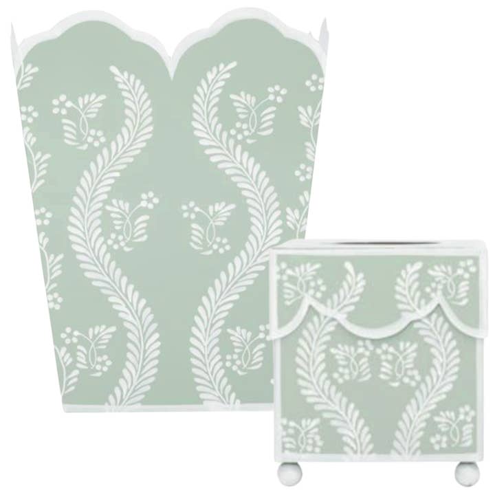 Sage Green Square Trellis Wastepaper Basket & Tissue Holder for wholesale by The Enchanted Home