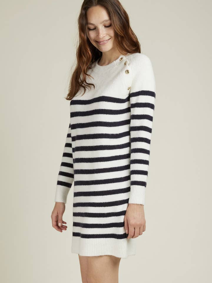 Andy & Lucy - Wholesale Dress - Women's - ARLENE - Mid-length sweater dress with stripes and gold buttons9