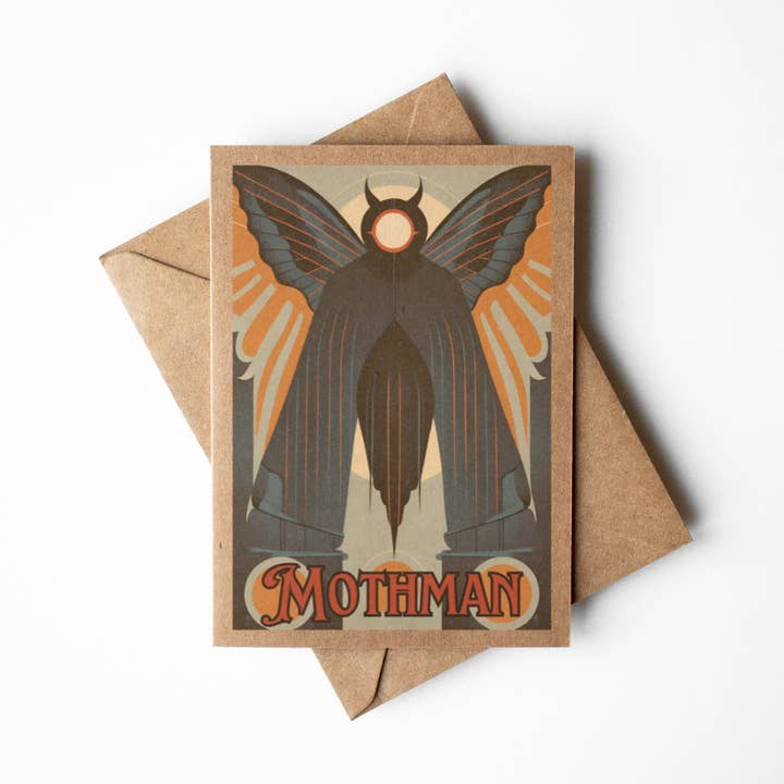 Art Deco Mothman Brown Kraft Paper Greeting Card for wholesale by Cryptic Paper Co.