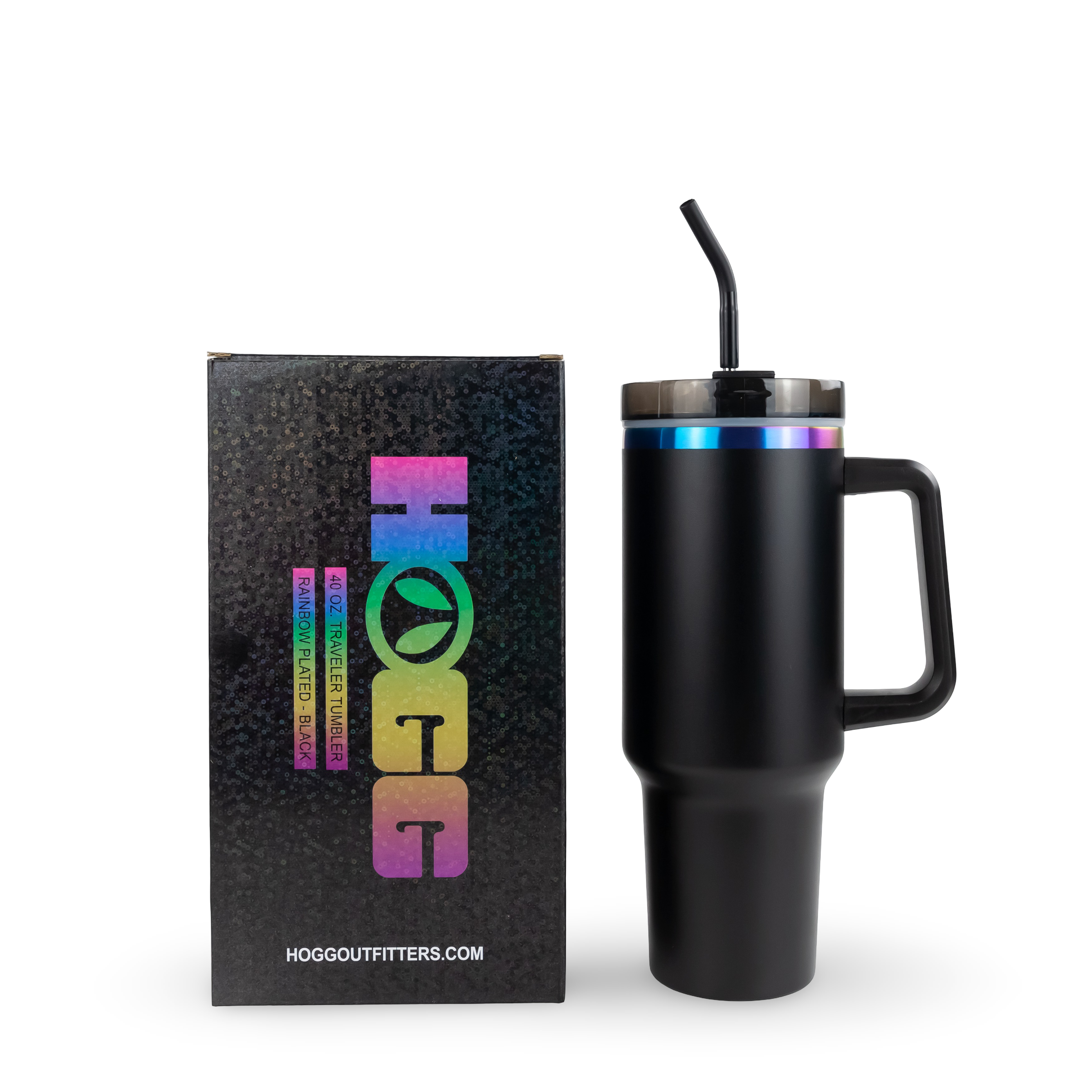 Rainbow Plated BLACK 40oz POWDER COATED TRAVELER TUMBLER for wholesale on Faire3