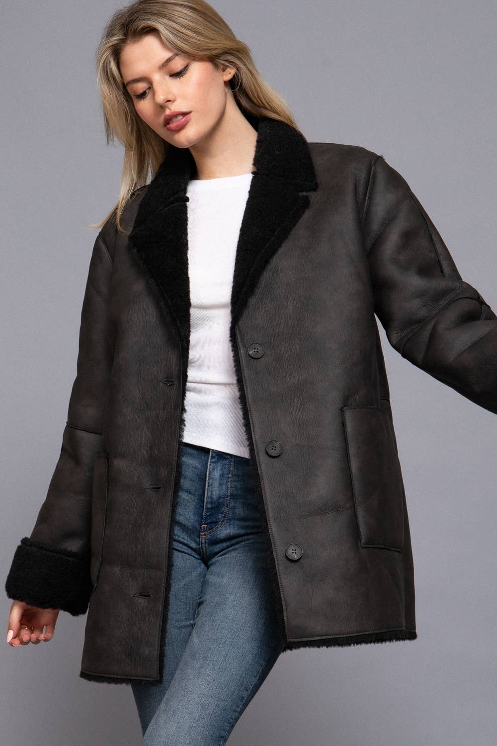 Active Basic | Active USA - Wholesale Leather Jacket - Women's - Lapel Collar Button Down Double Sided Faux Leather Coat6