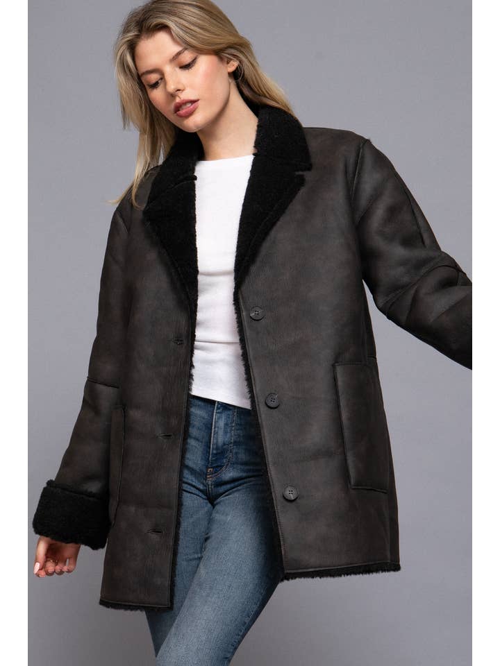 Active Basic | Active USA - Wholesale Leather Jacket - Women's - Lapel Collar Button Down Double Sided Faux Leather Coat6