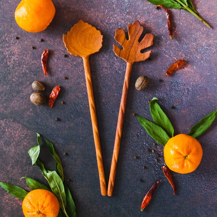 Hand Carved Leaf Shaped Wooden Salad Servers for wholesale by Vesper & Vine