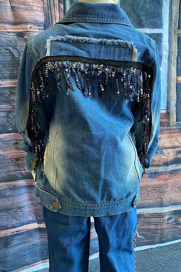 luluclothes - Wholesale Denim Jacket - Kids - DLH2551 Wash denim blue w/fringe & pocket girls denim jacket2