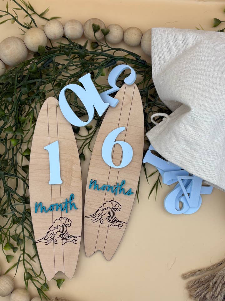 Surfboard Monthly Baby Milestone Marker Signs for wholesale by PepperJack Designs