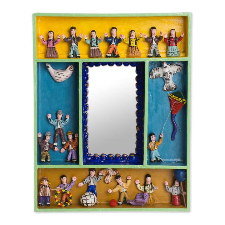 Novica Handmade Children At Play Wood Retablo Wall Mirror for wholesale by NOVICA