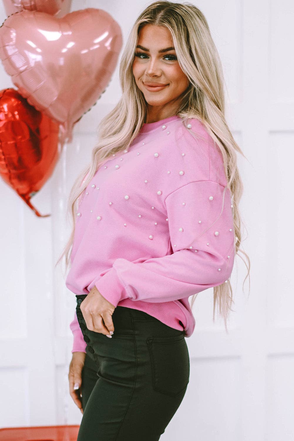 Pink Lilah Pearl Detail Ribbed Crew Neck Sweatshirt for wholesale on Faire2