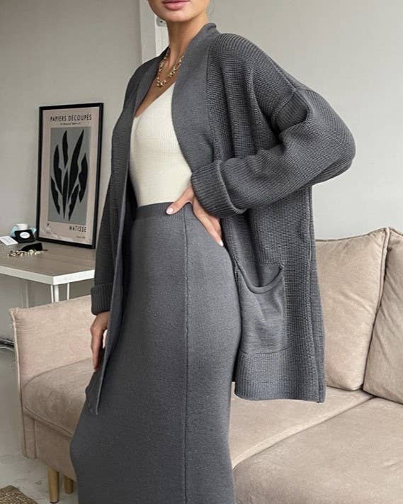 Rosa Clothing - Wholesale Top & Skirt Set - Women's - Cozy Cardigan/R-Neck Sweater High-Waisted Skirt Knit Set10