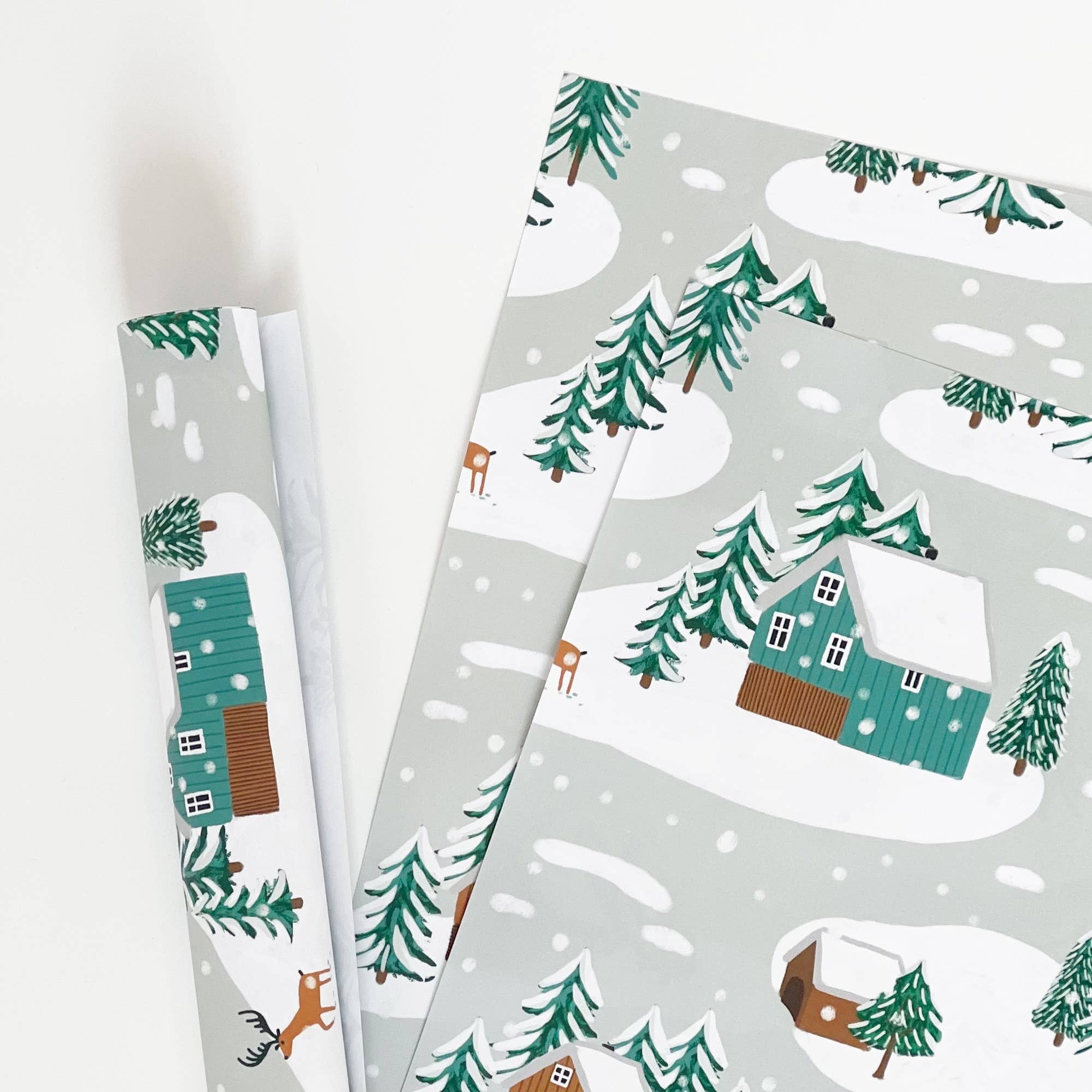 Lomond Paper Co - Wholesale Flat wrap - Little Log Cabins in the Snow Recyclable Gift Wrap2