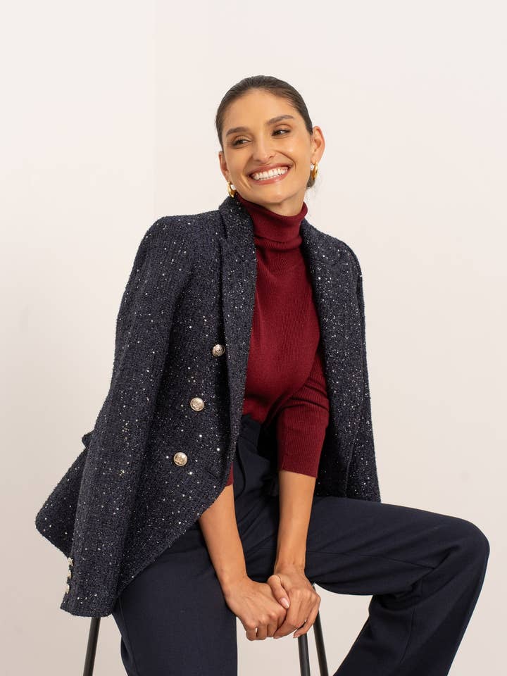 Sparkling double-breasted tweed jacket with silver buttons for wholesale by Attentif Paris