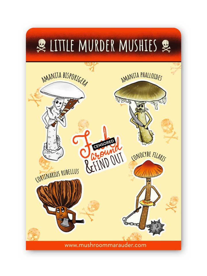 Little Murder Mushies | Stickervel van 4 dodelijke paddenstoelen voor wholesale door Mushroom Marauder
