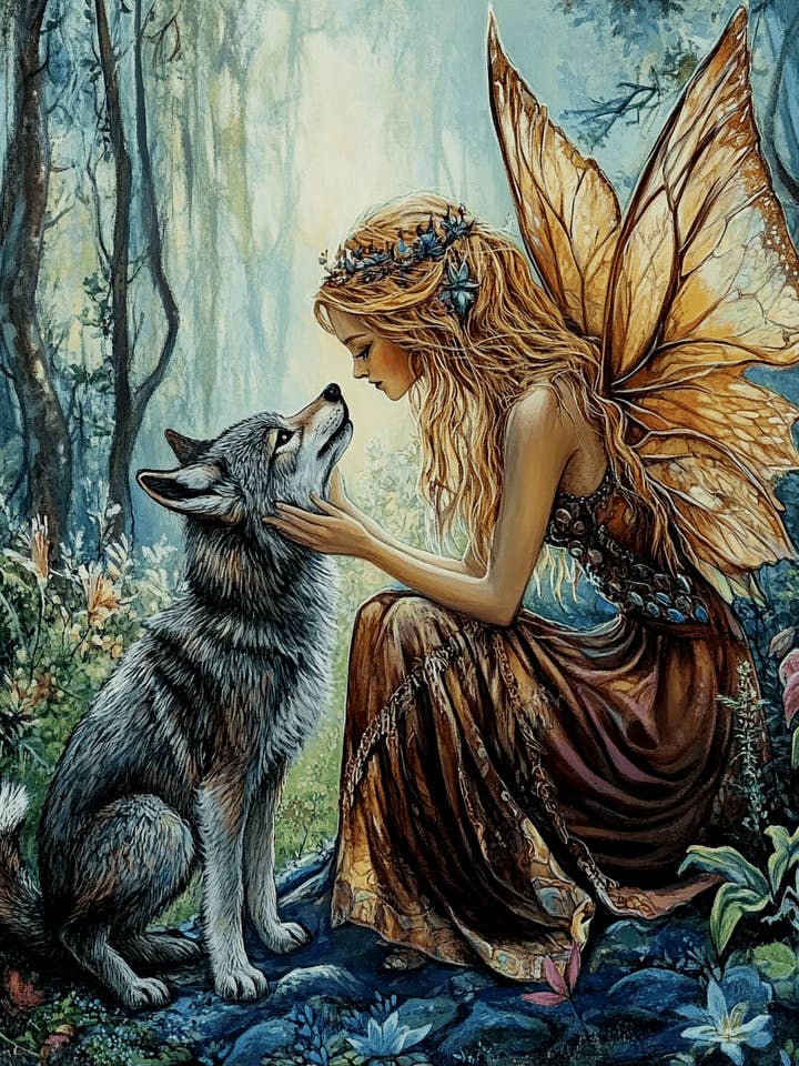 Fairy with Her Young Wolf - Fairies Wall Art Prints – 8″x10″ Artwork for 11″x14″ Frame for wholesale by Mowbi