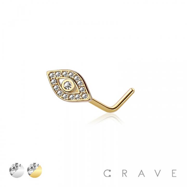 CZ GEM PAVED EVIL EYE 316L SURGICAL STEEL L-SHAPE NOSE STUD for wholesale by CRAVE