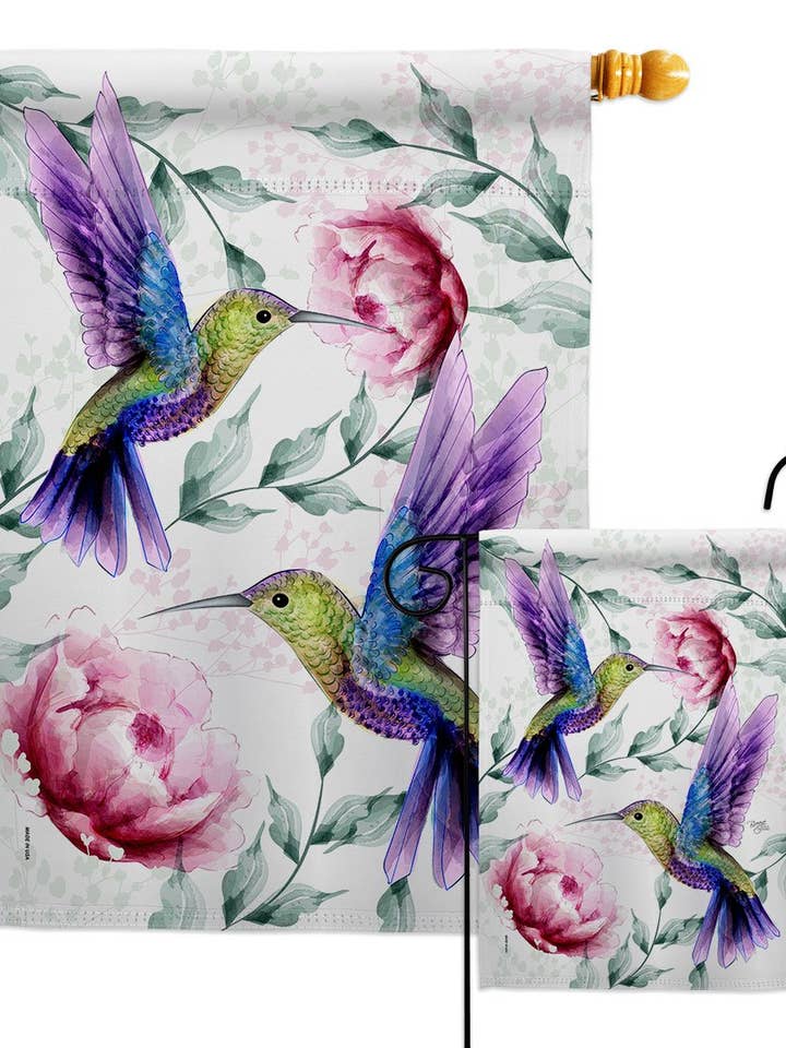 Hummingbirds In Flight Animals Bird Floral Decor Flag for wholesale by Two Group Flag Co