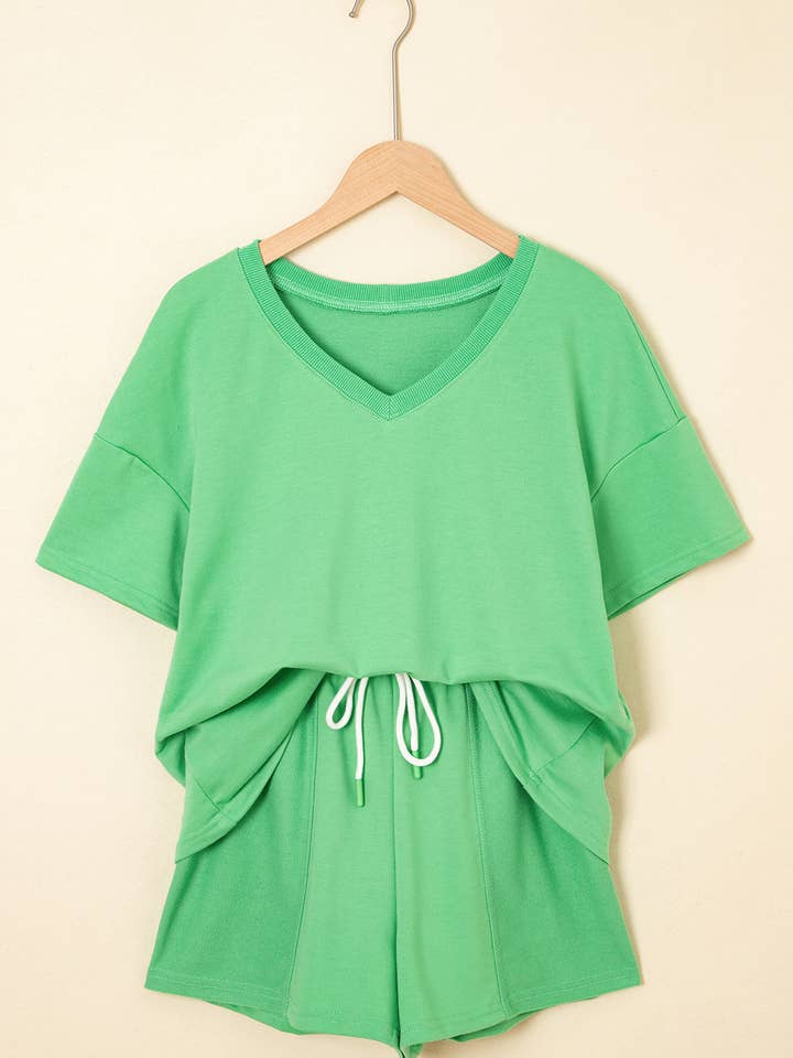 Lovesoft - Wholesale Lounge Set - Women's - Mint Green V Neck Drop Shoulder Tee and Patchwork Drawstring Shorts Set