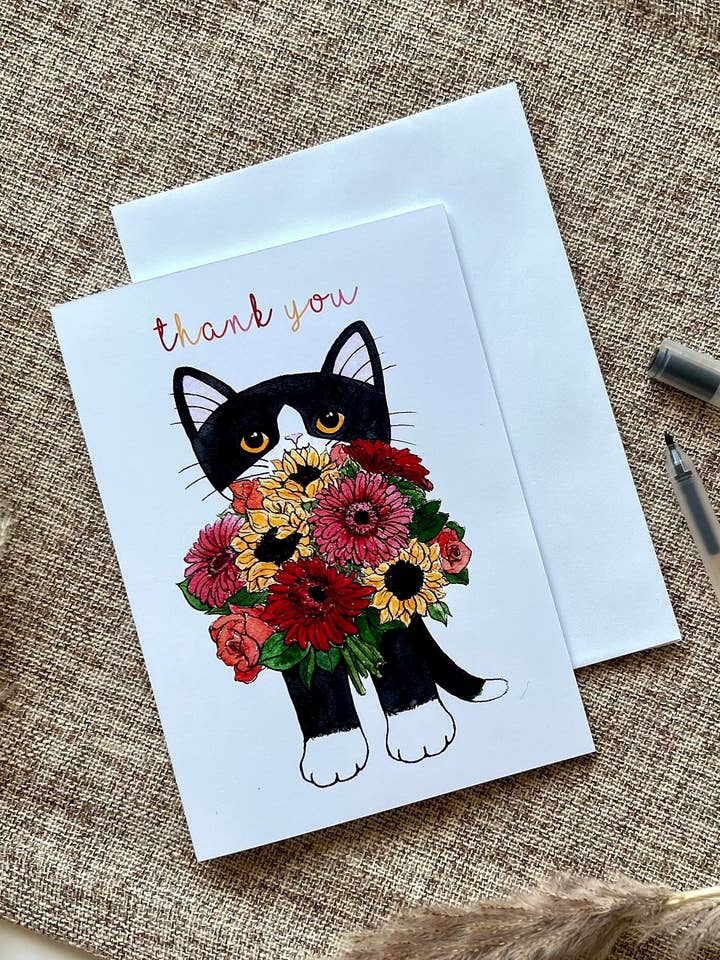 Bedankkaart, Zwart-witte Kat met Bloemen voor wholesale door Cathy Peng Art & Design