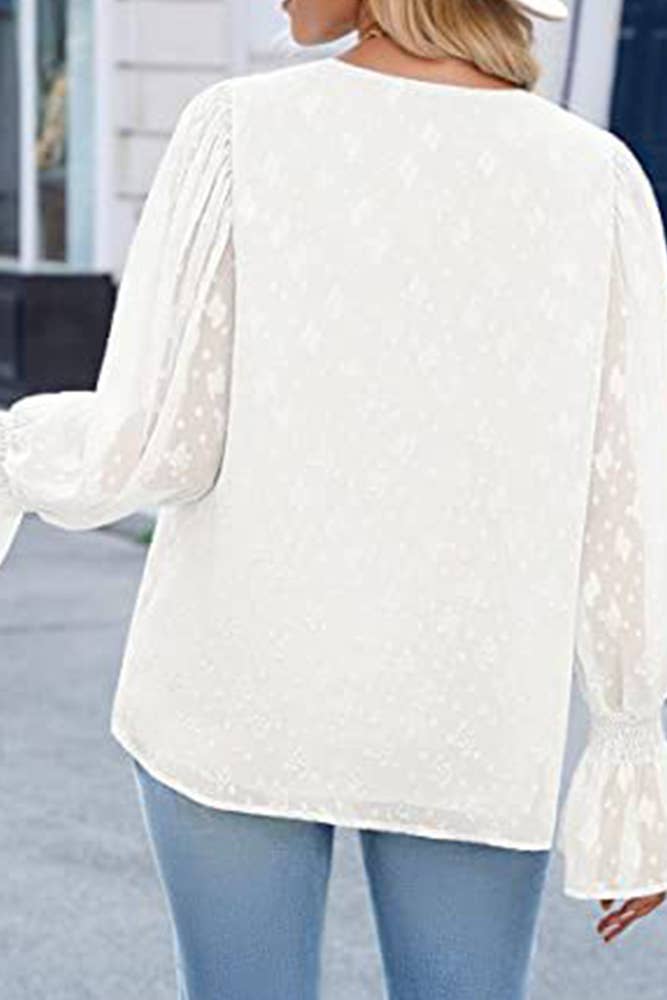 UNISHE - Wholesale Blouse - Women's - V Neck Lace Sheer Flare Sleeves Blouse AXR00519