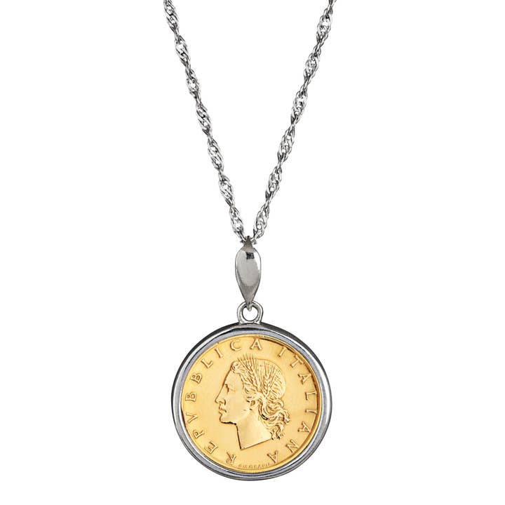 Italian Republic 20 Lira Coin Sterling Silver Necklace for wholesale by American Coin Treasures