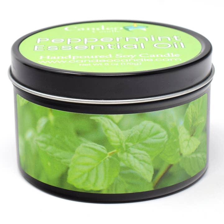 Peppermint Essential Oil, 6oz Soy Candle Tin for wholesale by Candeo Candle
