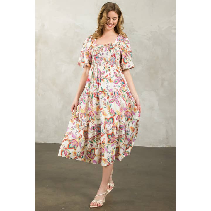 Vestido Paisley com Mangas Bufantes e Fumê por atacado de THML