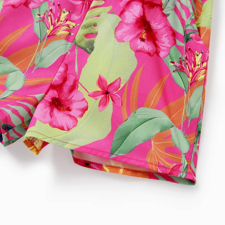 Hot Pink Mommy and Me Matching Rompers Tropical Floral Jumpsuits for wholesale on Faire