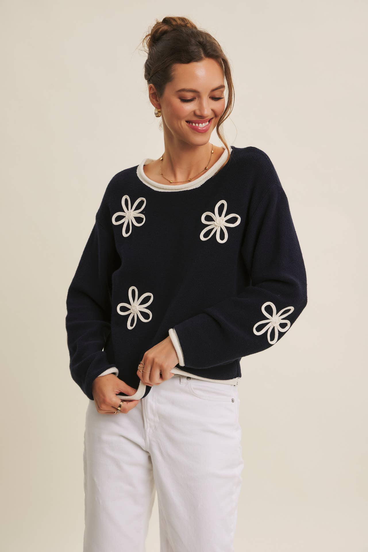 in february - Wholesale Knit Sweater - Women's - EFFORTLESS COMFORT CONTRAST FLORAL APPLIQUE SOFT SWEATER15