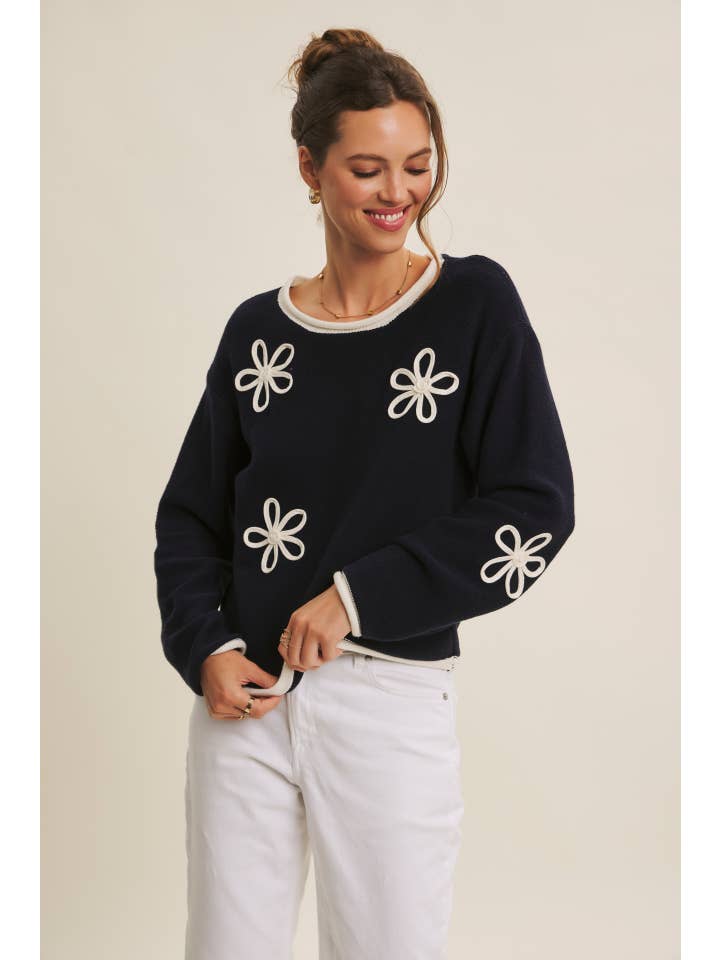 in february - Wholesale Knit Sweater - Women's - EFFORTLESS COMFORT CONTRAST FLORAL APPLIQUE SOFT SWEATER15