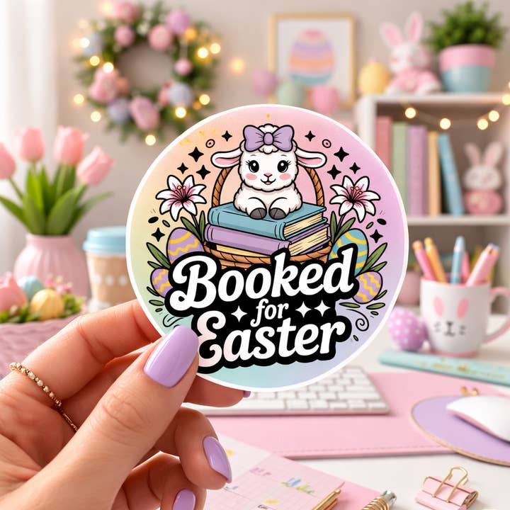 Booked for Easter Spring Bookish Die Cut Sticker for wholesale by Auburn Row Design