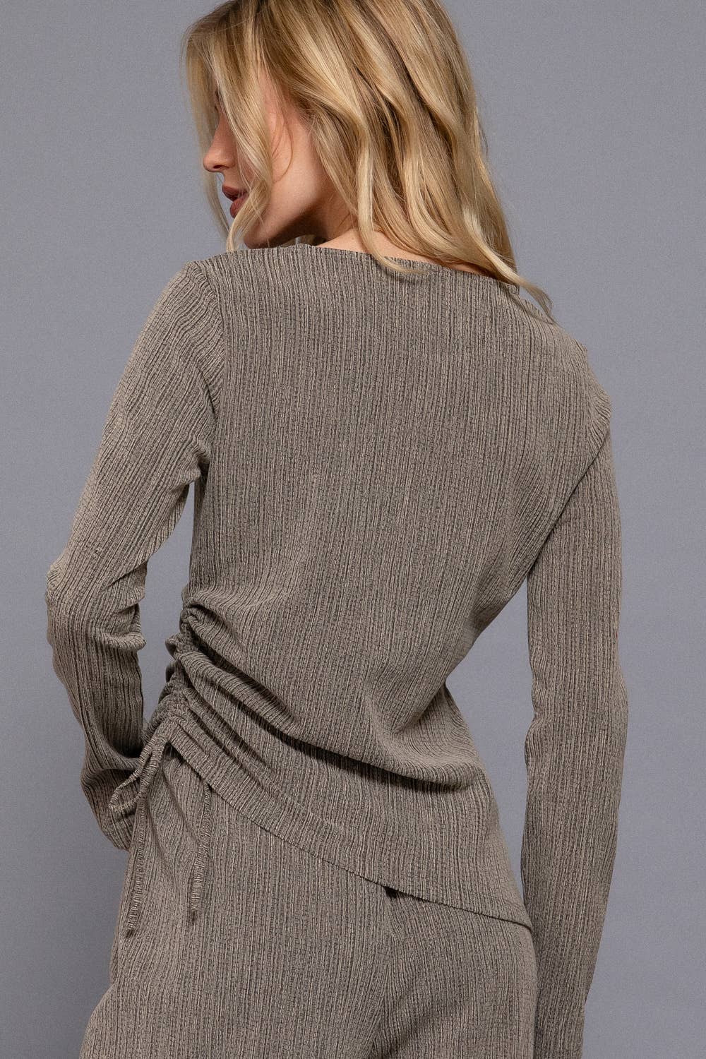 Active Basic | Active USA - Wholesale Knit Top - Women's - Long Sleeve Round Neck Side Ruched Two Tone Texture Knit Top1