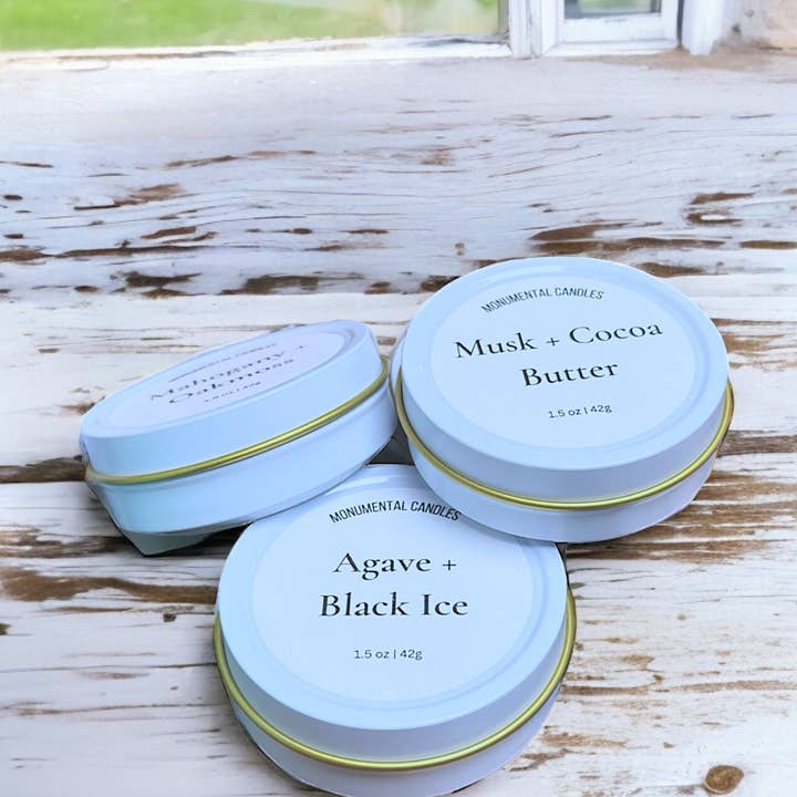 Monumental Candles LLC - Wholesale Travel Candles - Agave + Black Ice - 1.5 oz Tin Candle
