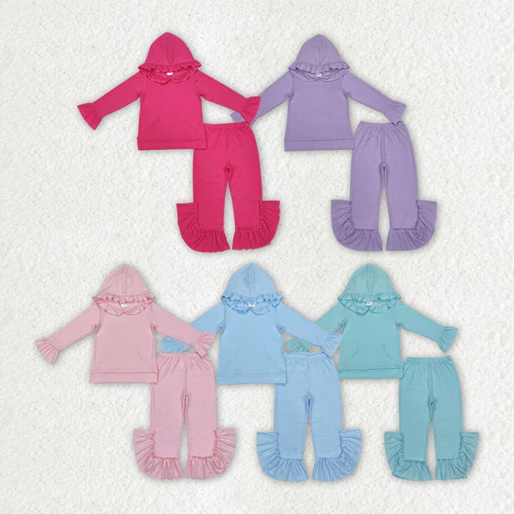 Aier Wholesale - Wholesale Top & Pant Set - Kids - 5 Colors Cotton Sibling Baby Girls Hooded Ruffle Top Bell Pants Clothes Sets