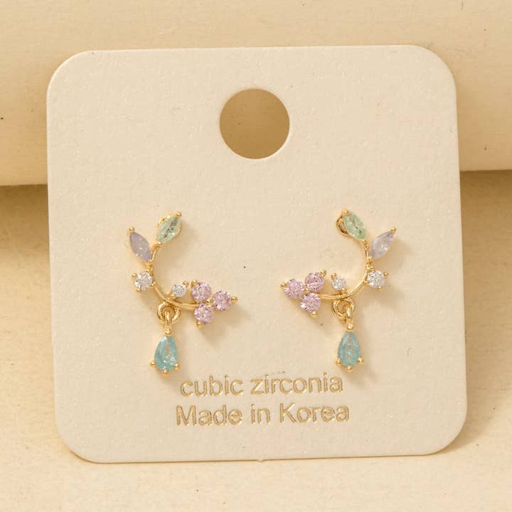 Boucles d'oreilles feuille et fleur plaquées or avec zircons cubiques pour la vente par Anarchy Street