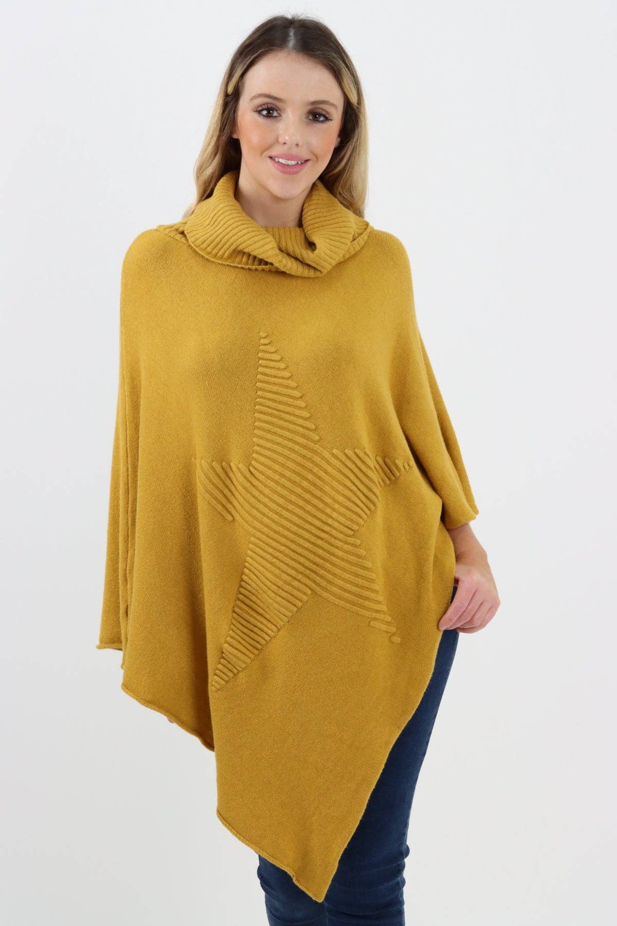 Miss Bold – Engroshandel Poncho - Dame – Italiensk strikket lagenlook poncho med stjernemønster og rullekrave25