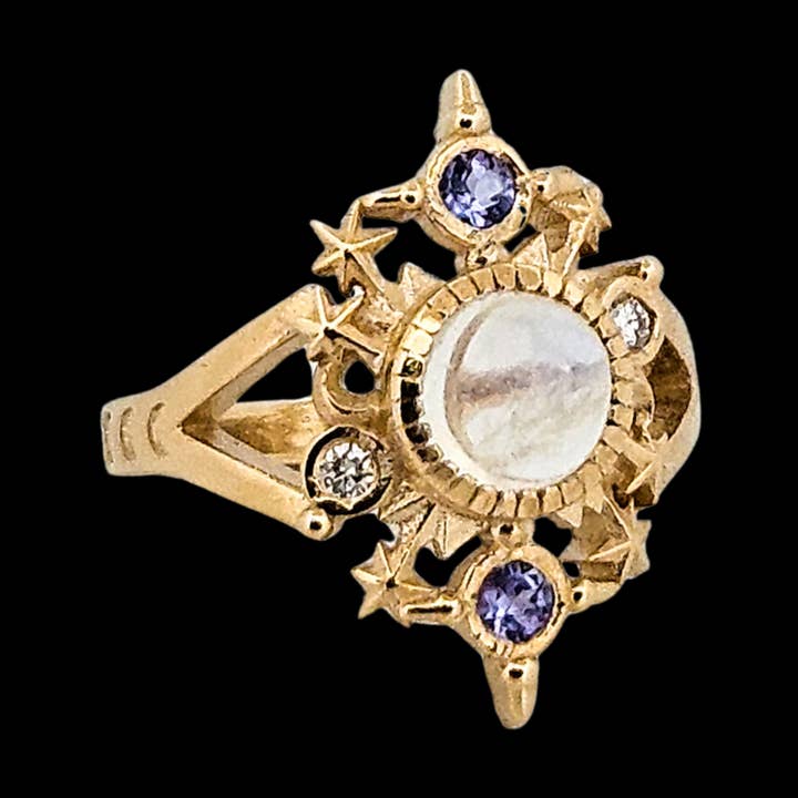 Uitlijnring - Goud, Regenboogmaansteen, Tanzaniet & Diamant voor wholesale door Inchoo bijoux inc
